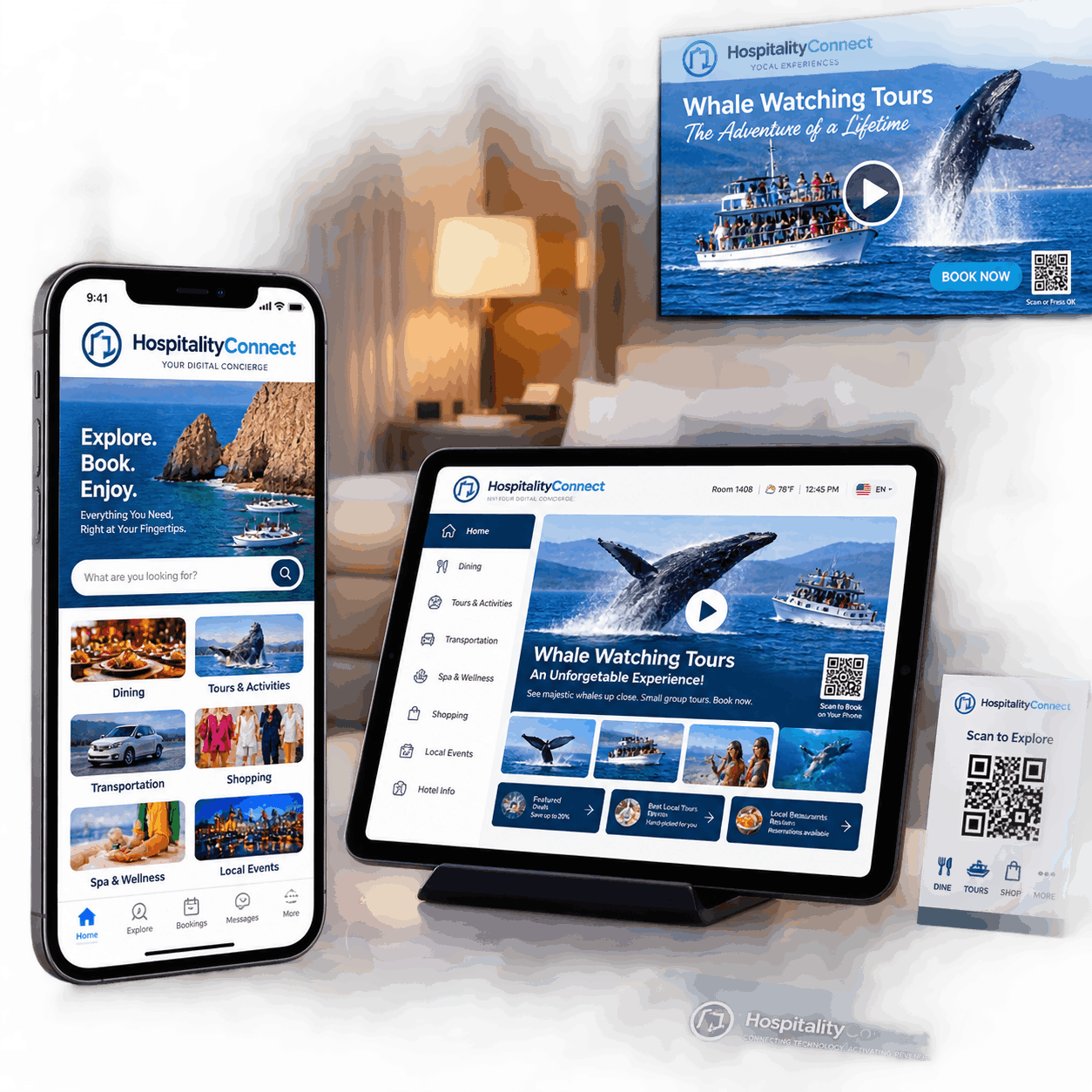 HospitalityConnect shown on an iPhone and an in-room hotel tablet with a whale watching local-business video promotion
